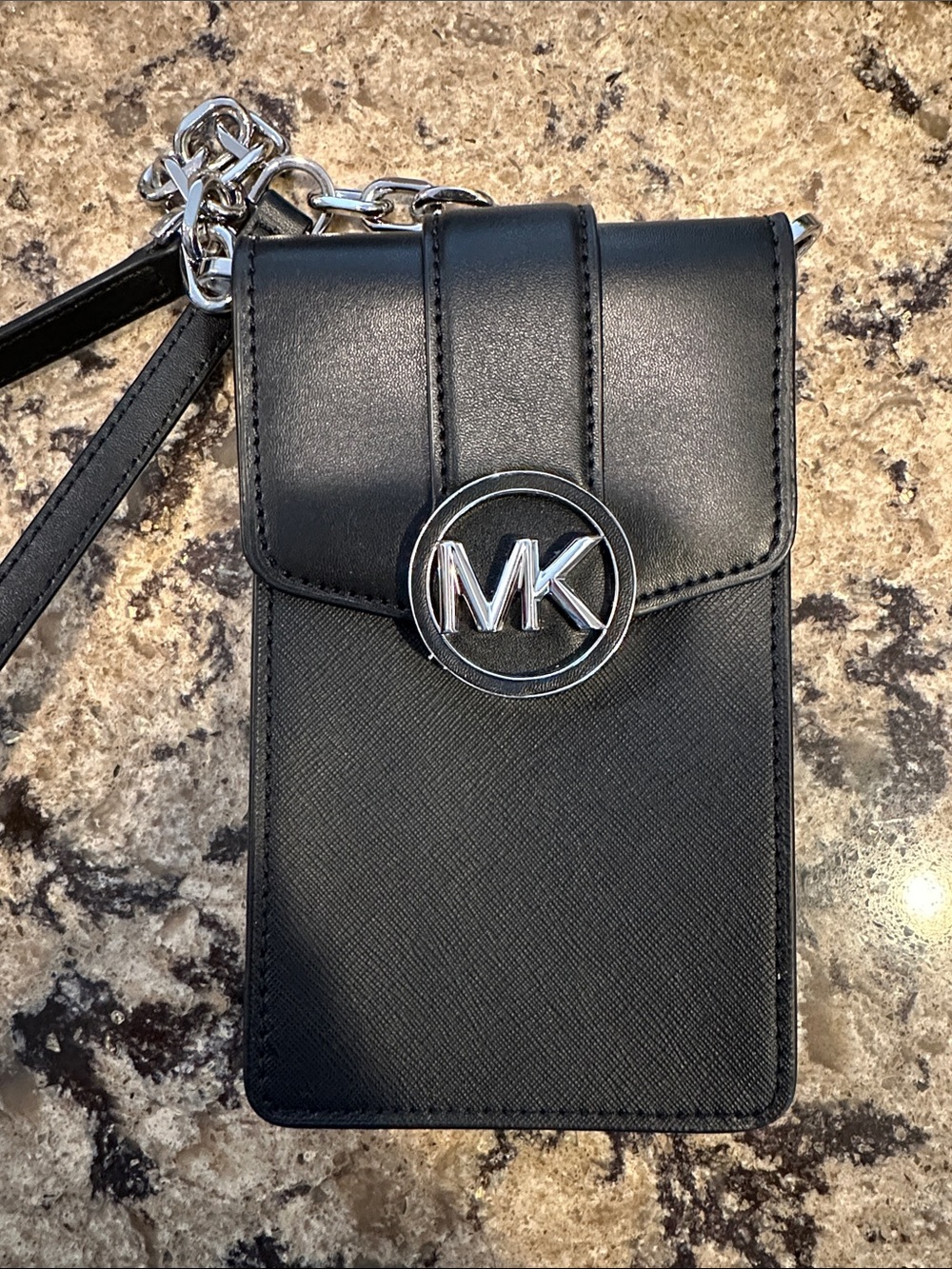 Michael Kors Black Leather Phone Crossbody with Silver MK Emblem